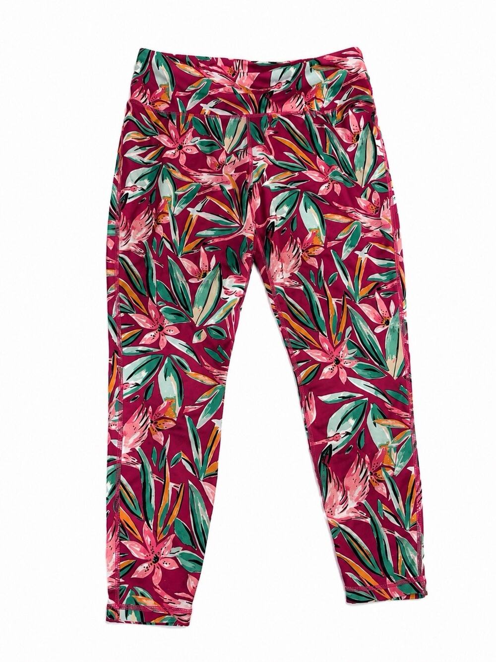 Crown & Ivy Women’s Medium Tropical Floral Pink Green Cropped Leggings